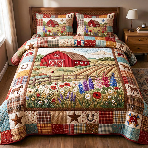 Wildflower Barn quilted 3-piece bedding set on a made bed in a farmhouse bedroom