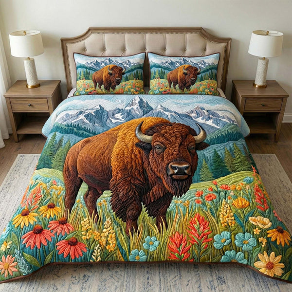 Wildflower Bison quilted 3-piece bedding set on a made bed in a rustic timber bedroom