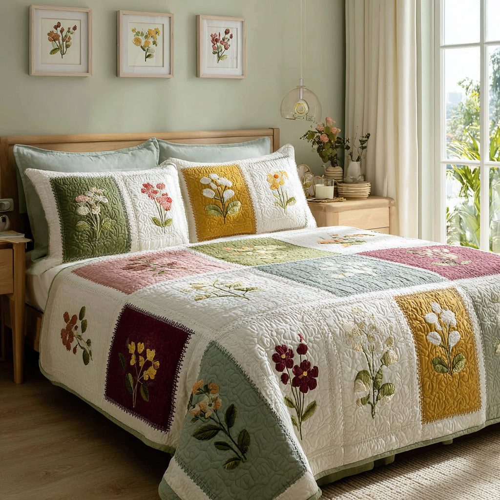 Wildflower Blocks quilted 3-piece bedding set on a made bed with two matching pillow shams