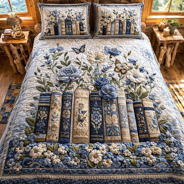 Wildflower Books quilted 3-piece bedding set on a made bed with two matching pillow shams