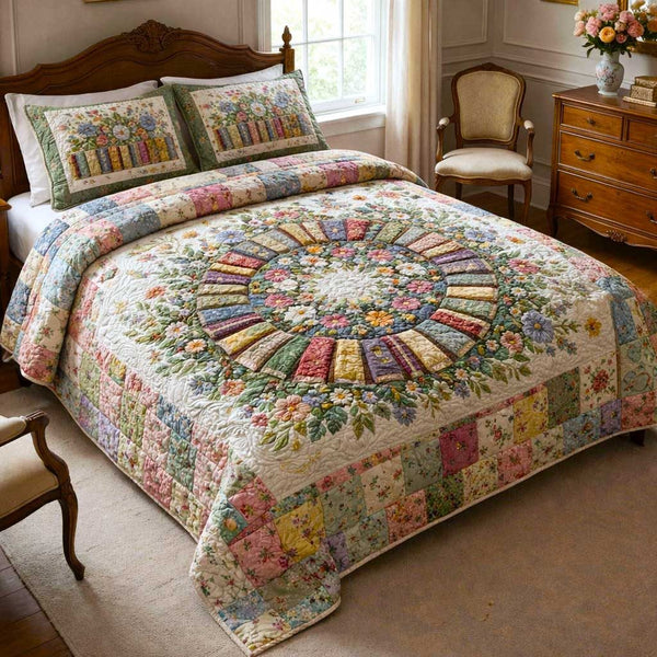 Wildflower Books quilted 3-piece bedding set on a made bed with two matching pillow shams