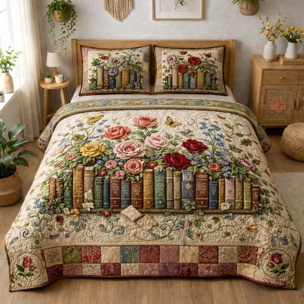 Wildflower Books quilted 3-piece bedding set on a made bed with two matching pillow shams