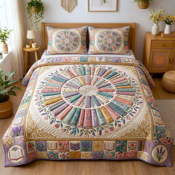 Wildflower Books quilted 3-piece bedding set on a made bed with two matching pillow shams