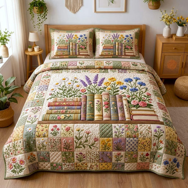 Wildflower Books quilted 3-piece bedding set on a made bed with two matching pillow shams