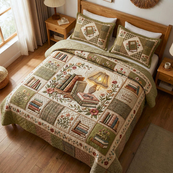 Wildflower Books quilted 3-piece bedding set on a made bed with two matching pillow shams