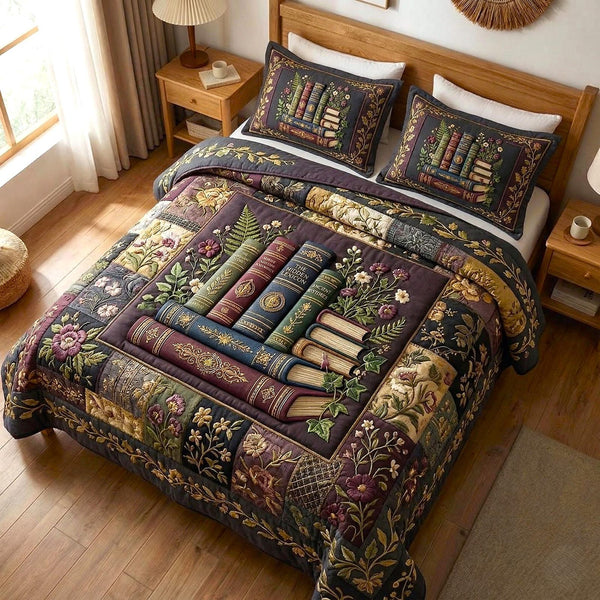 Wildflower Books quilted 3-piece bedding set on a made bed with two matching pillow shams