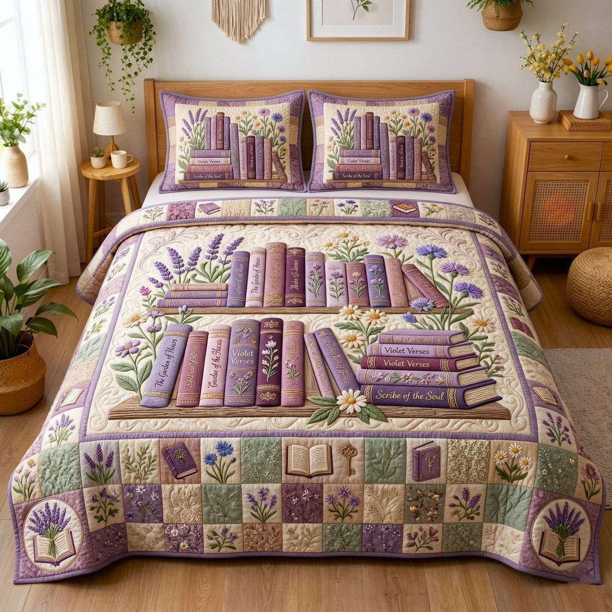 Wildflower Books quilted 3-piece bedding set on a made bed with two matching pillow shams