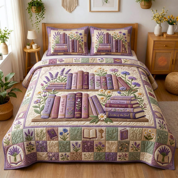Wildflower Books quilted 3-piece bedding set on a made bed with two matching pillow shams