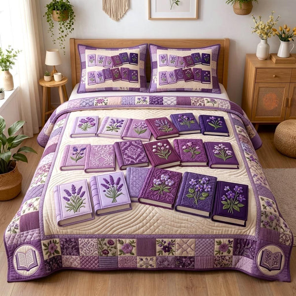 Wildflower Books quilted 3-piece bedding set on a made bed with two matching pillow shams