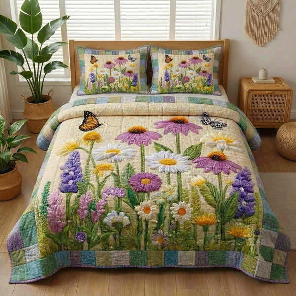 Wildflower Butterflies quilted 3-piece bedding set on a made bed with two matching pillow shams