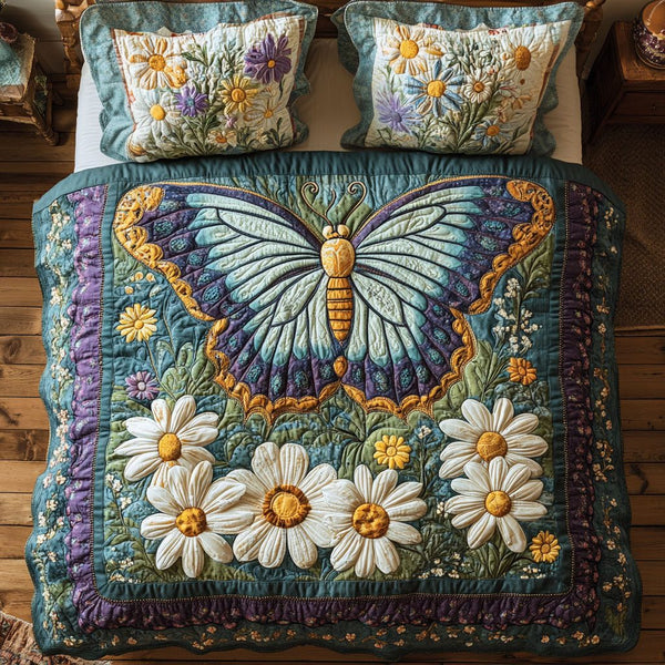 Wildflower Butterfly quilted 3-piece bedding set on a made bed with two matching pillow shams