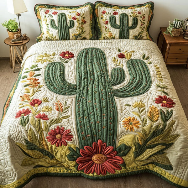 Wildflower Cactus quilted 3-piece bedding set on a made bed with two matching pillow shams