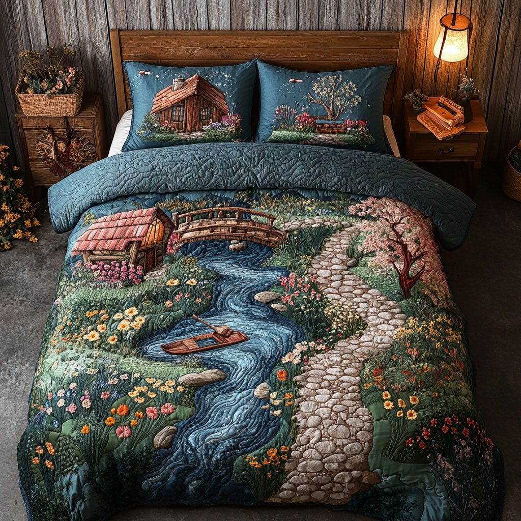 Wildflower Charm quilted 3-piece bedding set on a made bed with two matching pillow shams