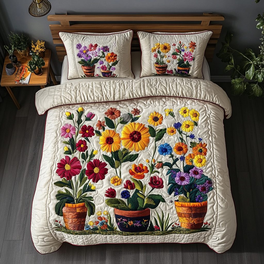 Wildflower Charm quilted 3-piece bedding set on a made bed with two matching pillow shams