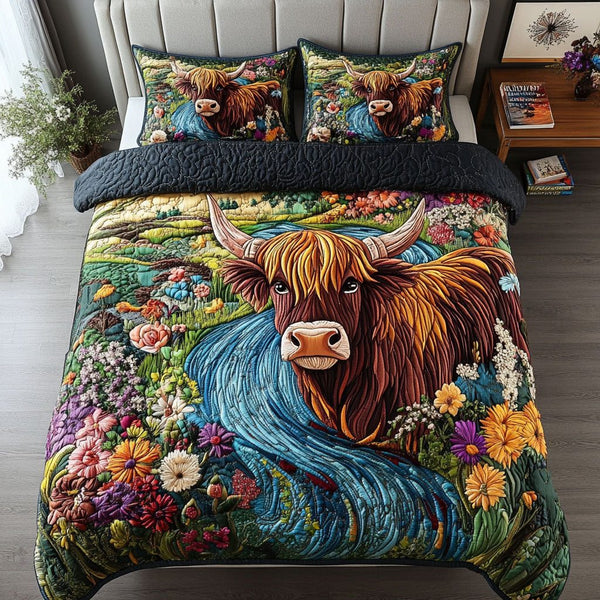 Wildflower Cow Show quilted 3-piece bedding set on a made bed with two matching pillow shams