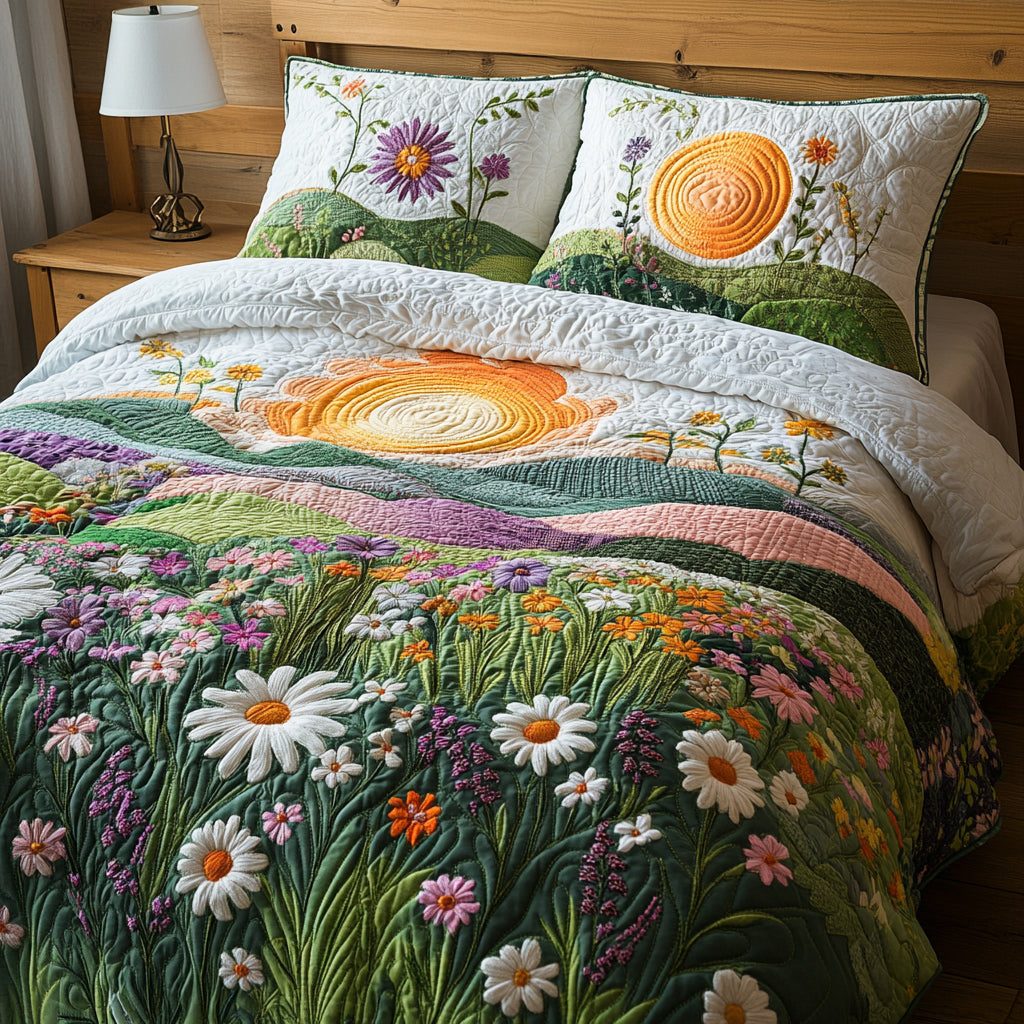 Wildflower Dawn quilted 3-piece bedding set on a made bed with two matching pillow shams