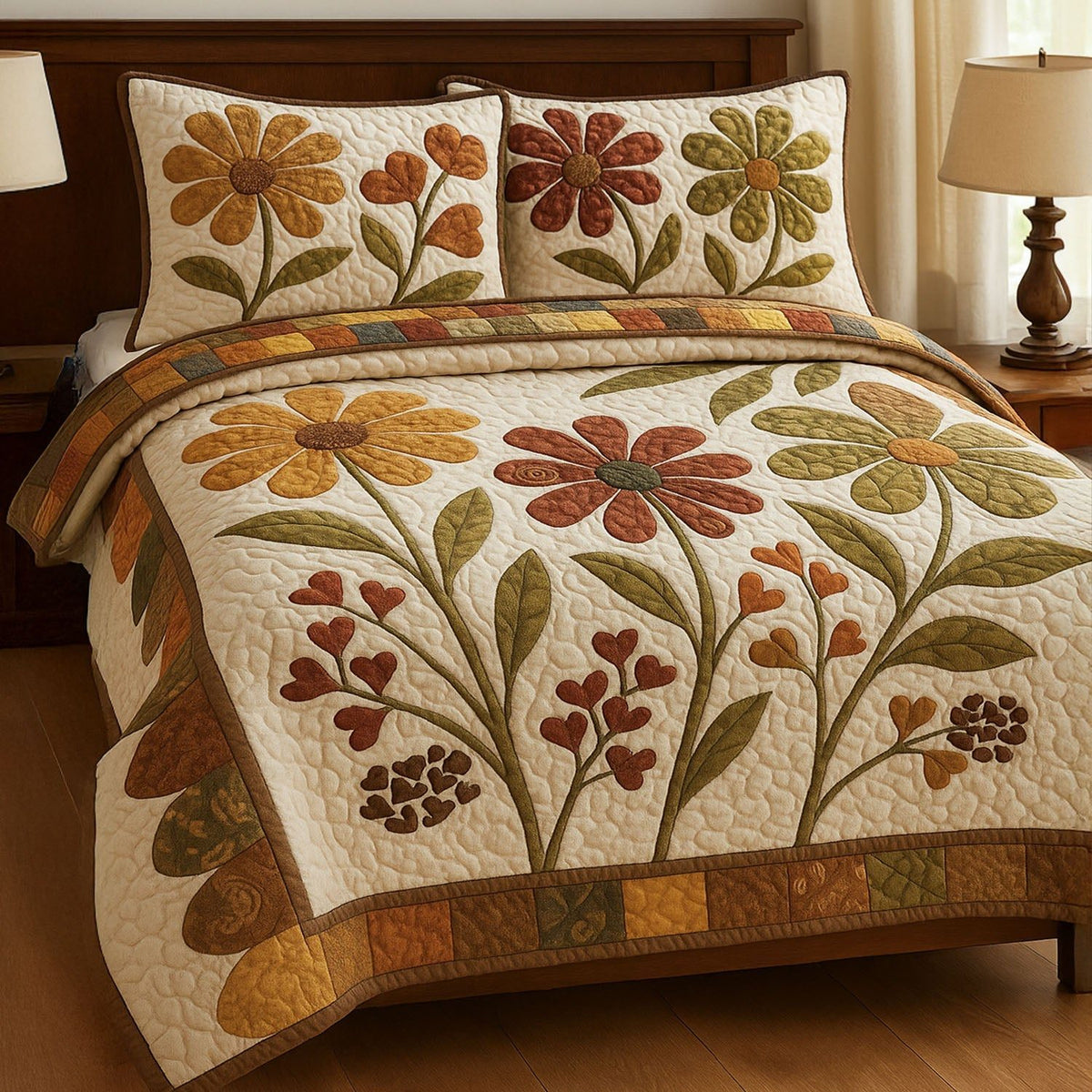 Wildflower Delight quilted 3-piece bedding set on a made bed with two matching pillow shams
