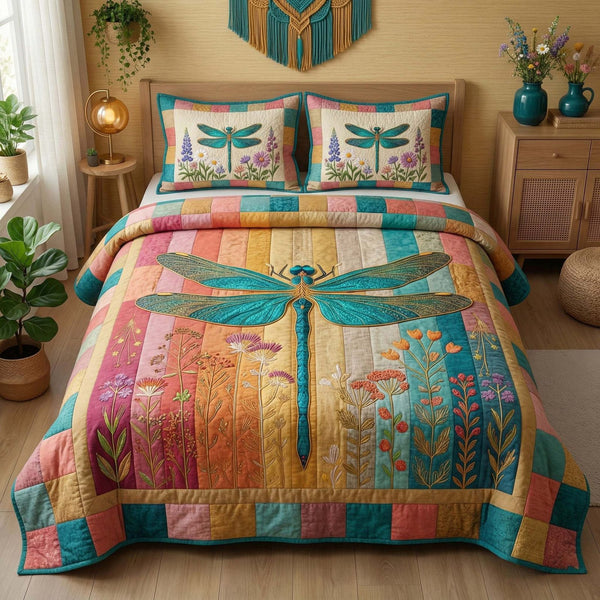 Wildflower Dragonfly quilted 3-piece bedding set on a made bed with two matching pillow shams