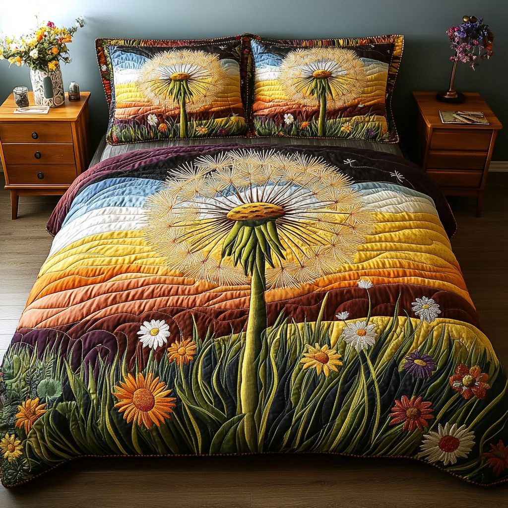 Wildflower Dreams quilted 3-piece bedding set on a made bed with two matching pillow shams