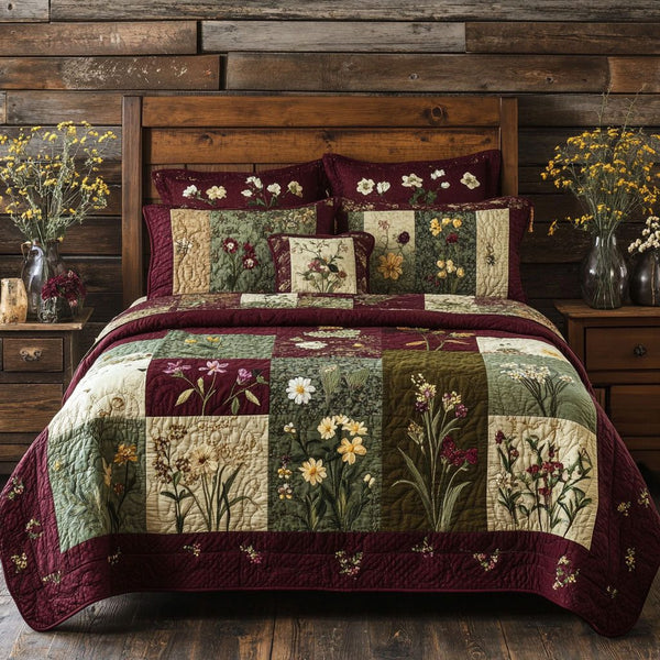 Wildflower Dreams quilted 3-piece bedding set on a made bed with two matching pillow shams