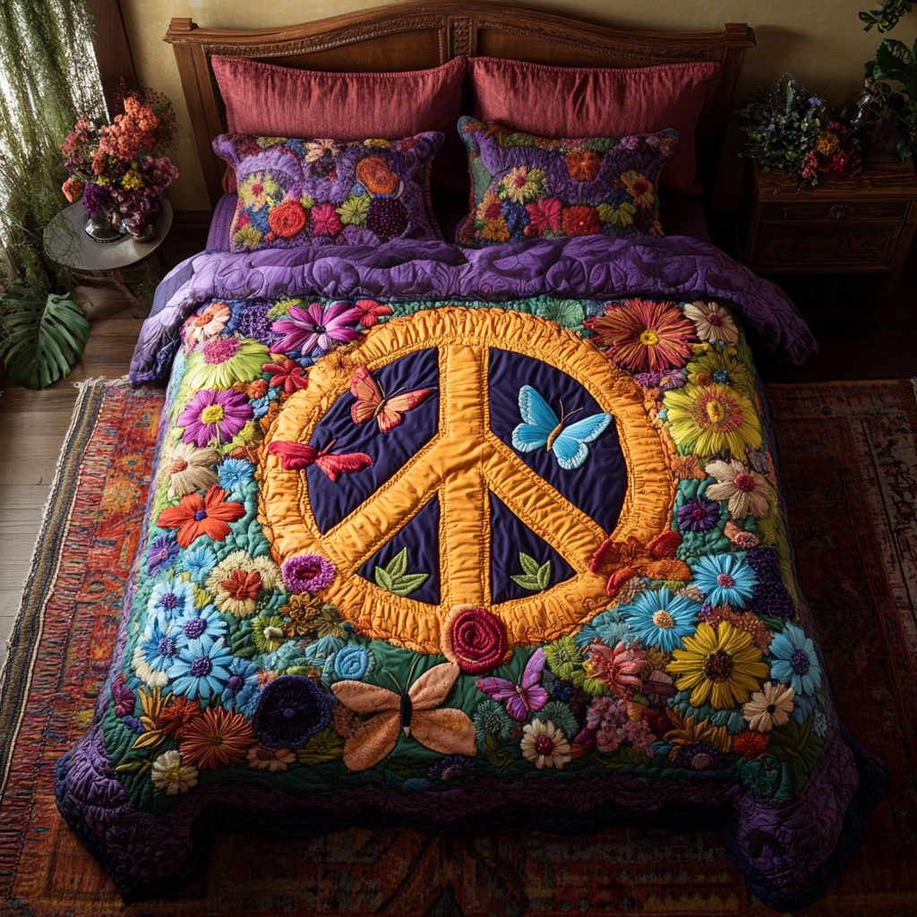 Wildflower Dreams quilted 3-piece bedding set on a made bed with two matching pillow shams