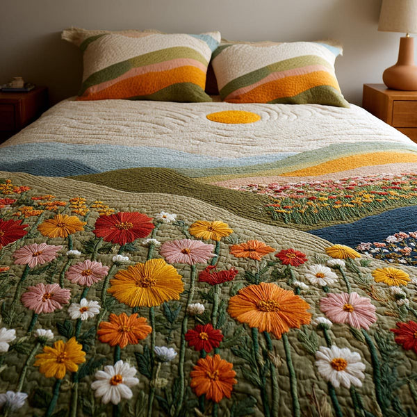 Wildflower Fields quilted 3-piece bedding set on a made bed with two matching pillow shams