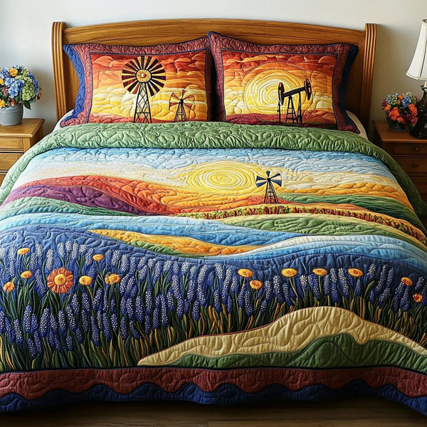 Wildflower Fields quilted 3-piece bedding set on a made bed with two matching pillow shams