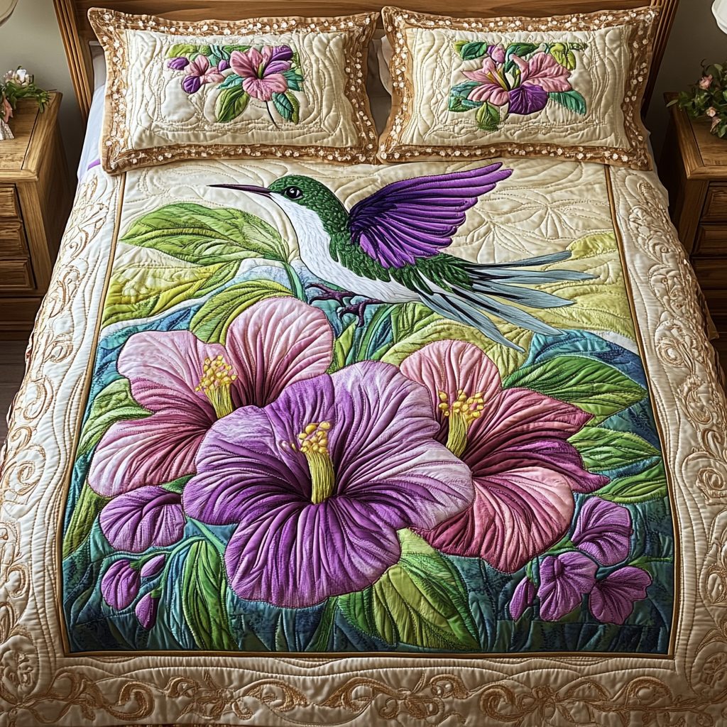 Wildflower Glide quilted 3-piece bedding set on a made bed with two matching pillow shams