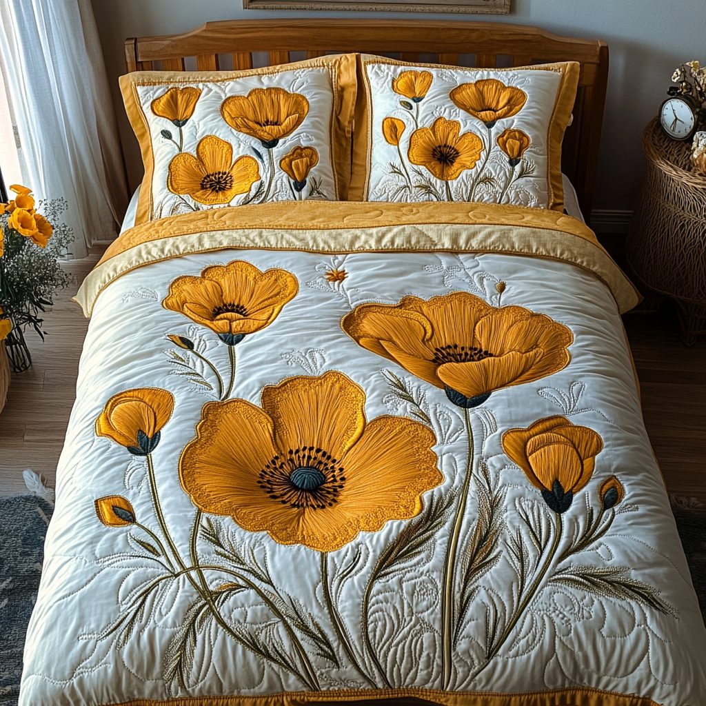 Wildflower Glow quilted 3-piece bedding set on a made bed with two matching pillow shams