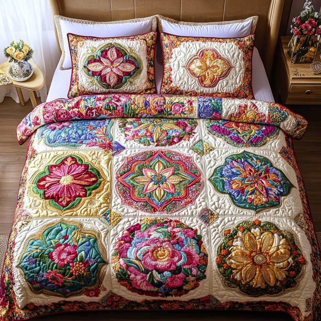 Wildflower Glow quilted 3-piece bedding set on a made bed with two matching pillow shams