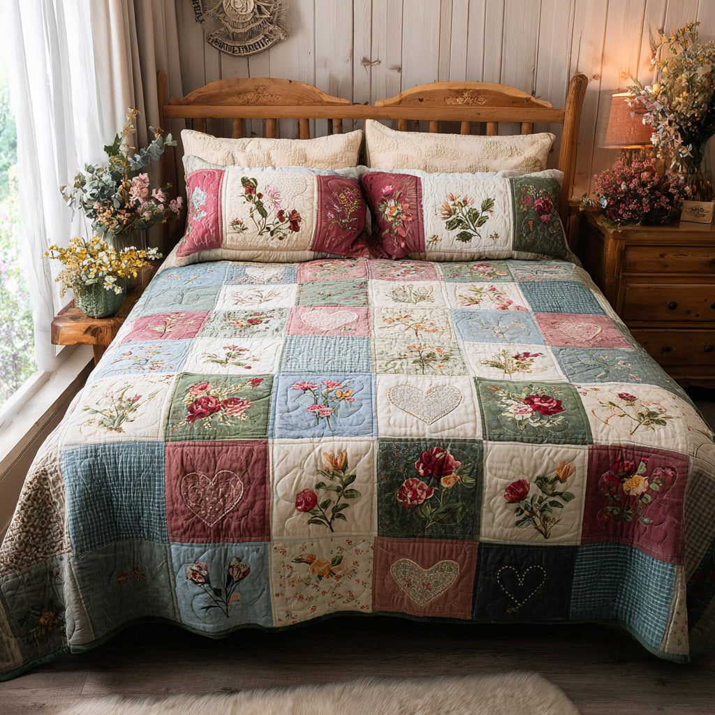Wildflower Grid quilted 3-piece bedding set on a made bed with two matching pillow shams