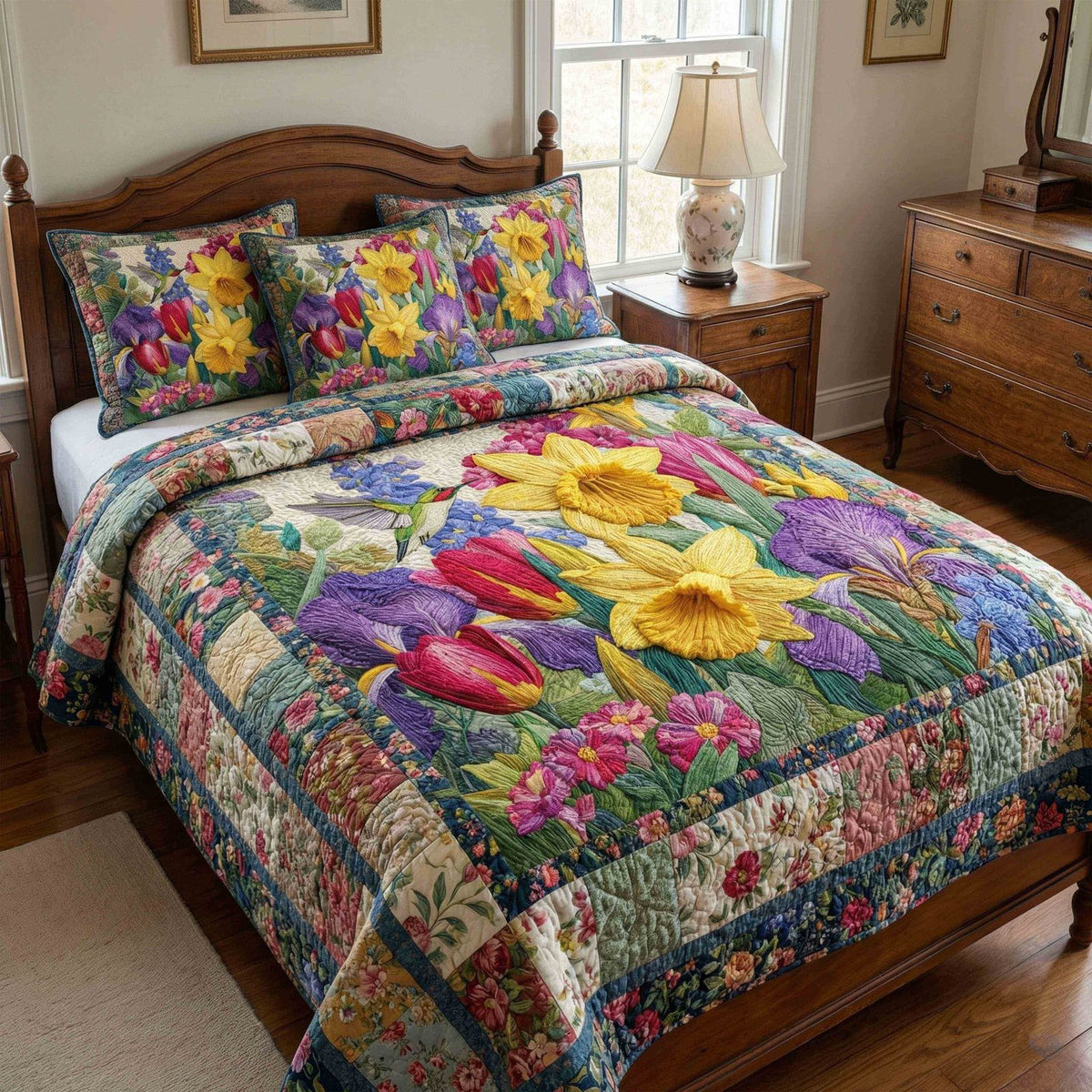 Wildflower Harmony quilted 3-piece bedding set on a made bed with two matching pillow shams