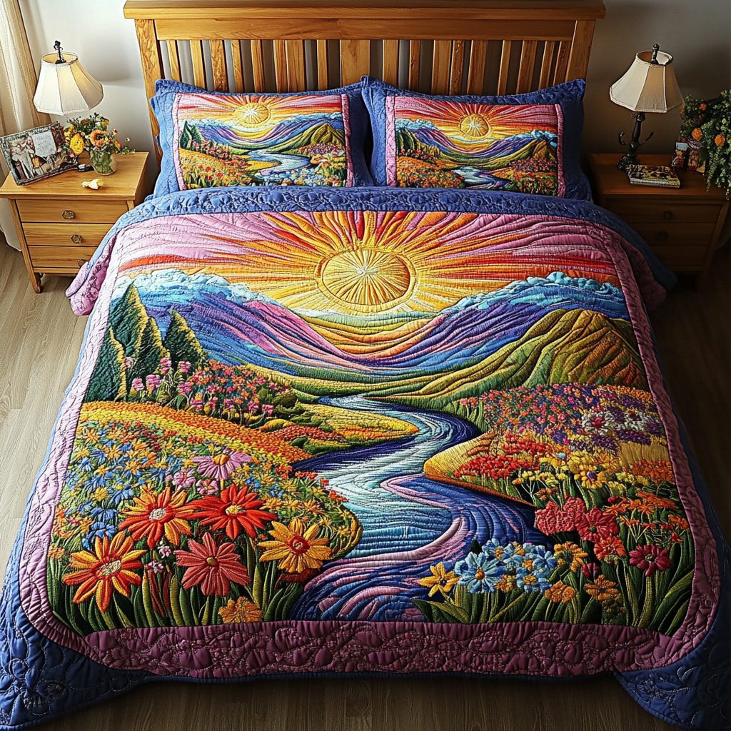 Wildflower Haven quilted 3-piece bedding set on a made bed with two matching pillow shams
