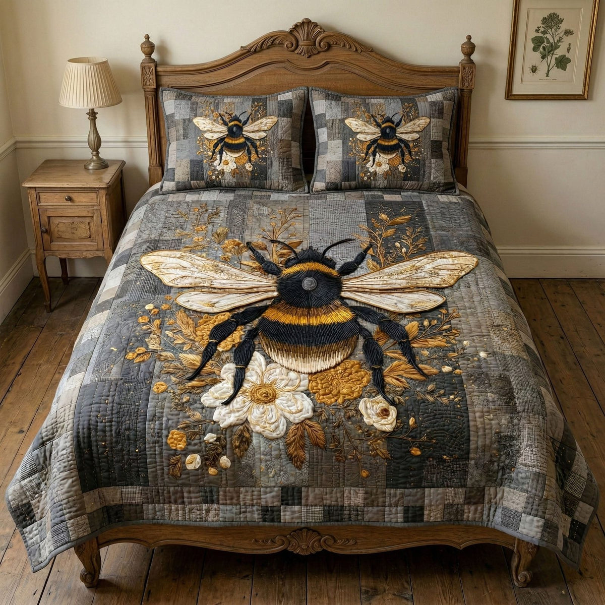 Wildflower Honey quilted 3-piece bedding set on a made bed with two matching pillow shams