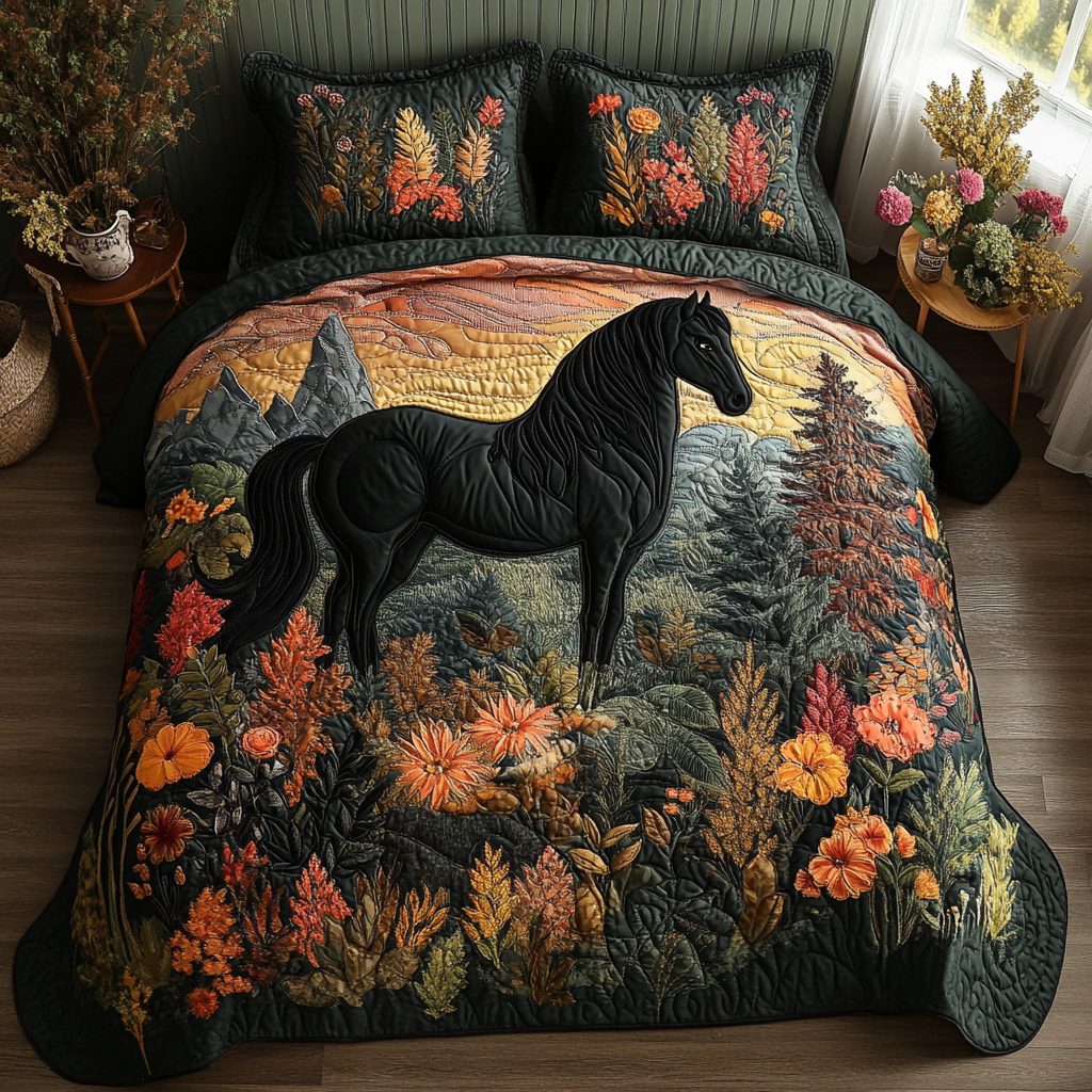 Wildflower Hooves quilted 3-piece bedding set on a made bed with two matching pillow shams