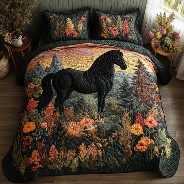 Wildflower Hooves quilted 3-piece bedding set on a made bed with two matching pillow shams