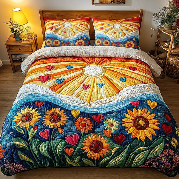 Wildflower Joy quilted 3-piece bedding set on a made bed with two matching pillow shams