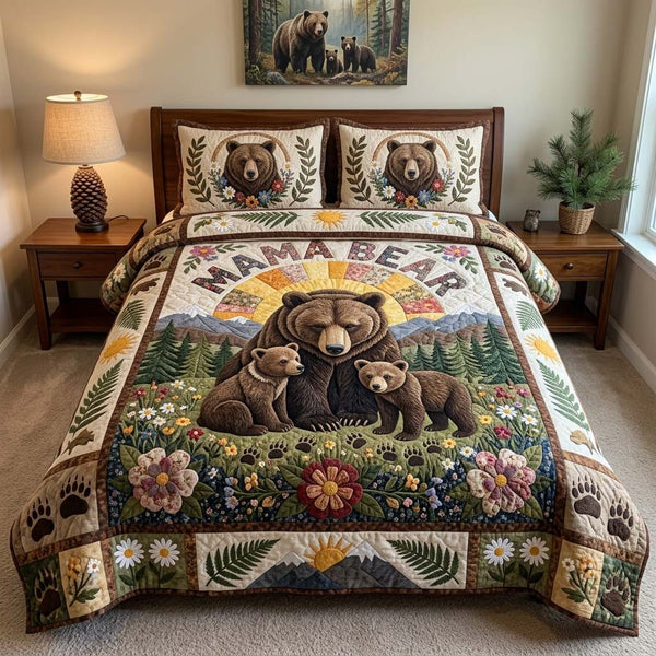 Wildflower Mama Bear Legacy quilted 3-piece bedding set on a made bed with two matching pillow shams