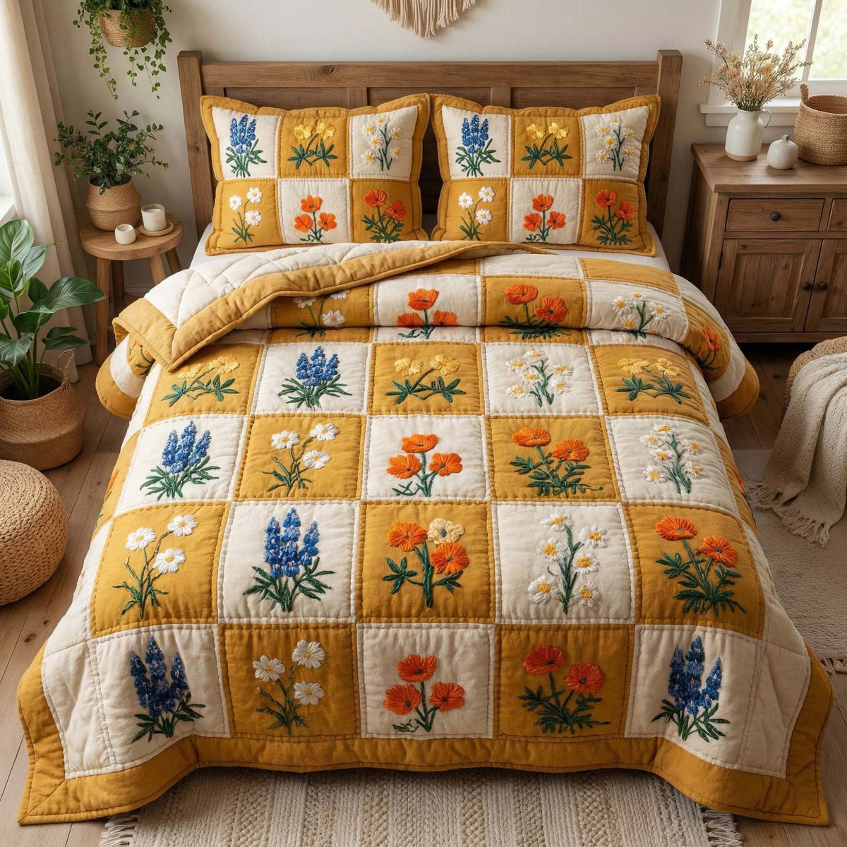 Wildflower Meadow quilted 3-piece bedding set on a made bed with two matching pillow shams