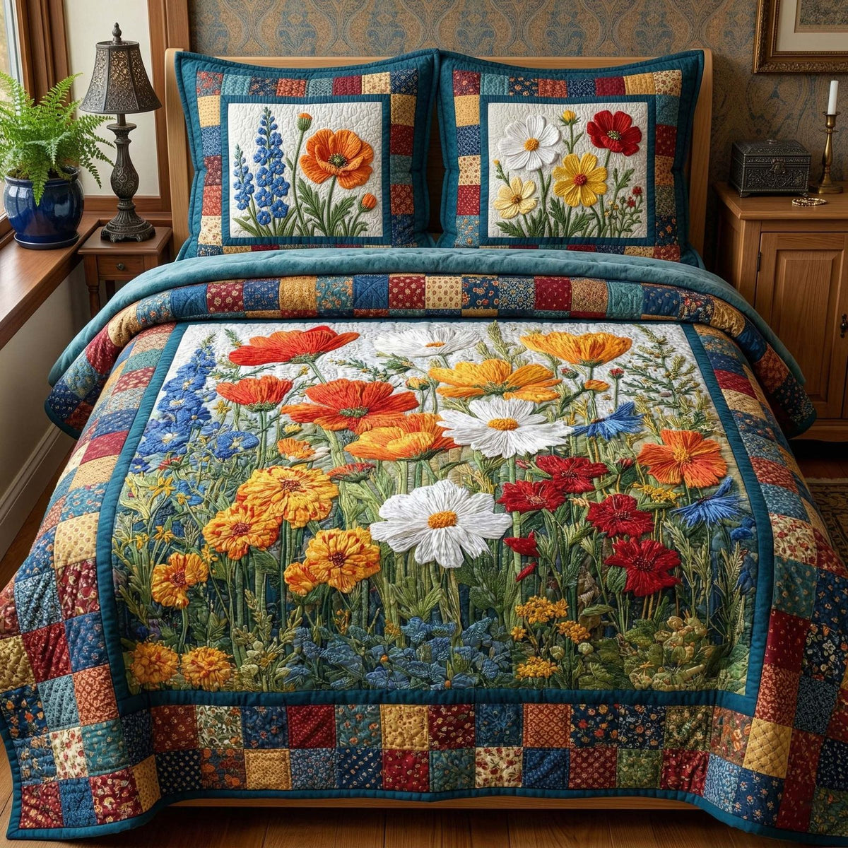 Wildflower Meadow quilted 3-piece bedding set on a made bed with two matching pillow shams