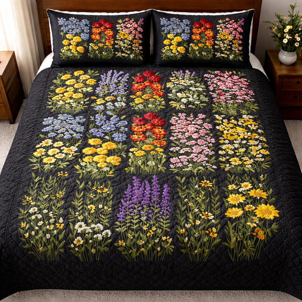 Wildflower Meadow quilted 3-piece bedding set on a made bed with two matching pillow shams