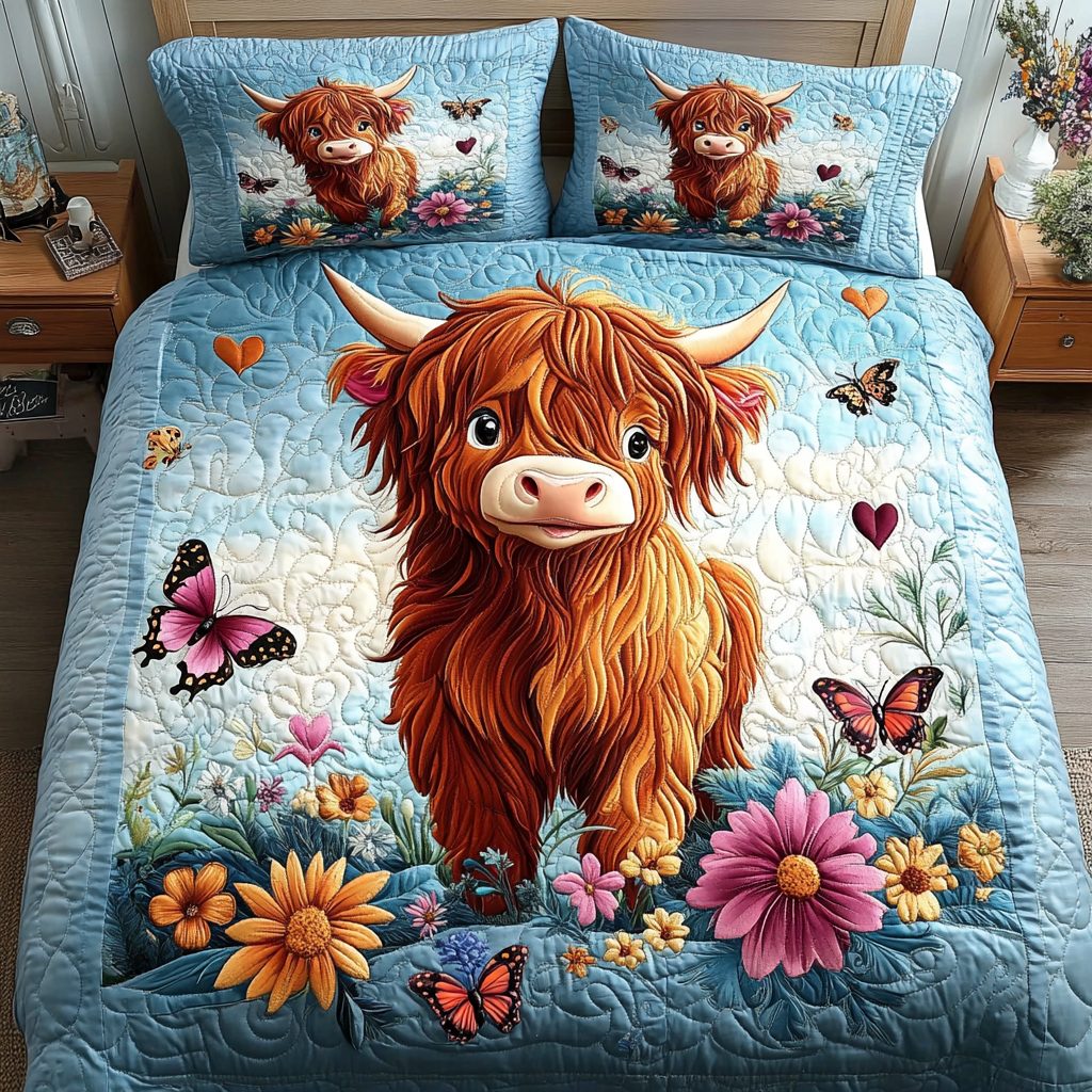 Wildflower Moo quilted 3-piece bedding set on a made bed with two matching pillow shams