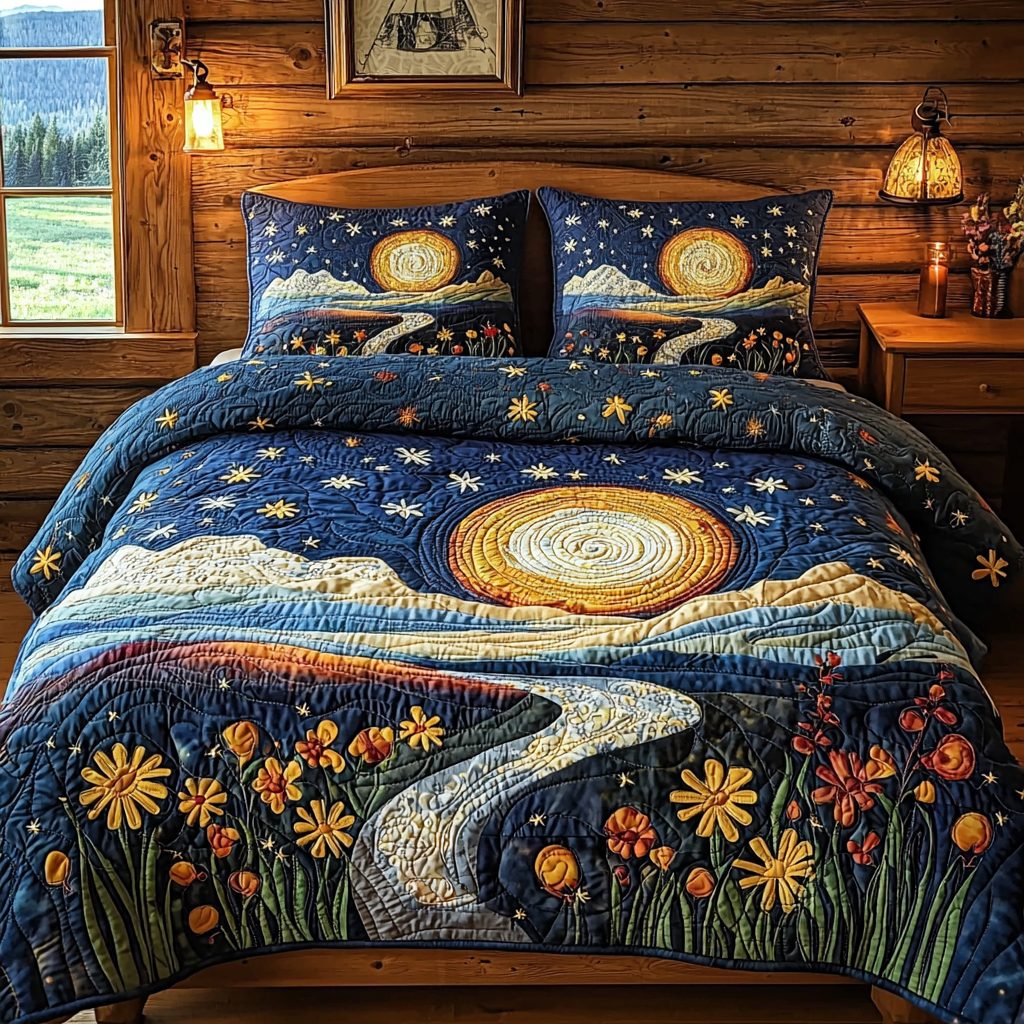 Wildflower Moonlight quilted 3-piece bedding set on a made bed with two matching pillow shams