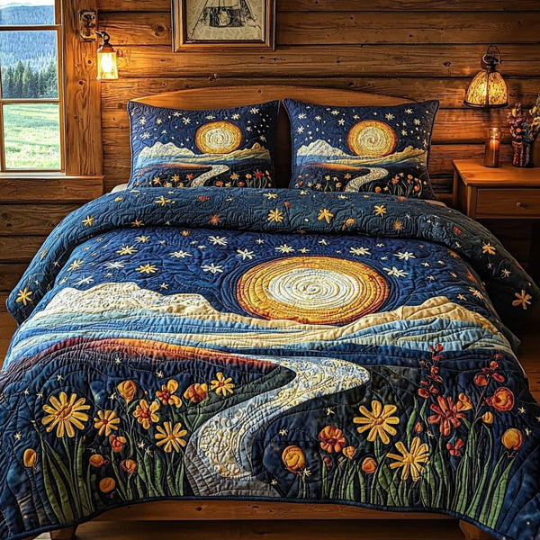 Wildflower Moonlight quilted 3-piece bedding set on a made bed with two matching pillow shams