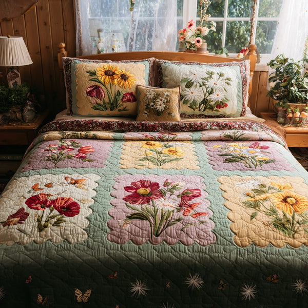 Wildflower Mosaic quilted 3-piece bedding set on a made bed with two matching pillow shams