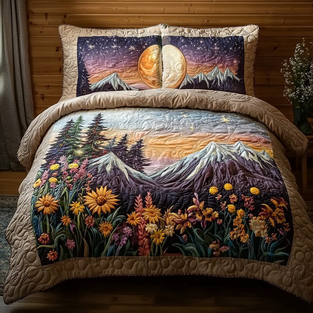 Wildflower Mountain Landscape quilted 3-piece bedding set on a made bed with two matching pillow shams