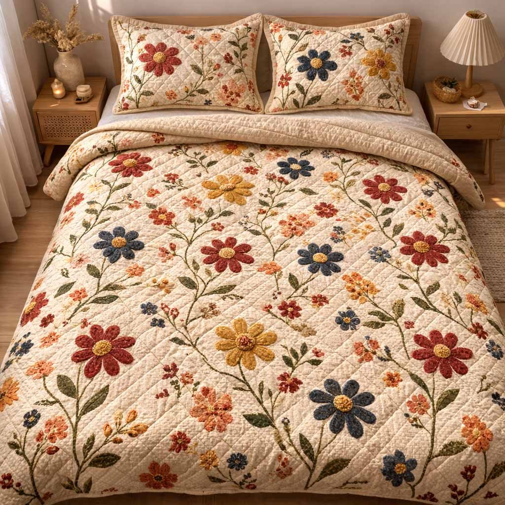 Wildflower Nest quilted 3-piece bedding set on a made bed with two matching pillow shams