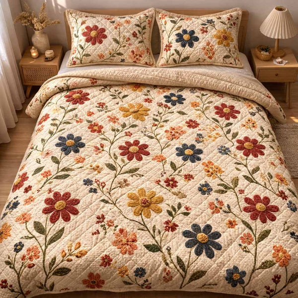 Wildflower Nest quilted 3-piece bedding set on a made bed with two matching pillow shams