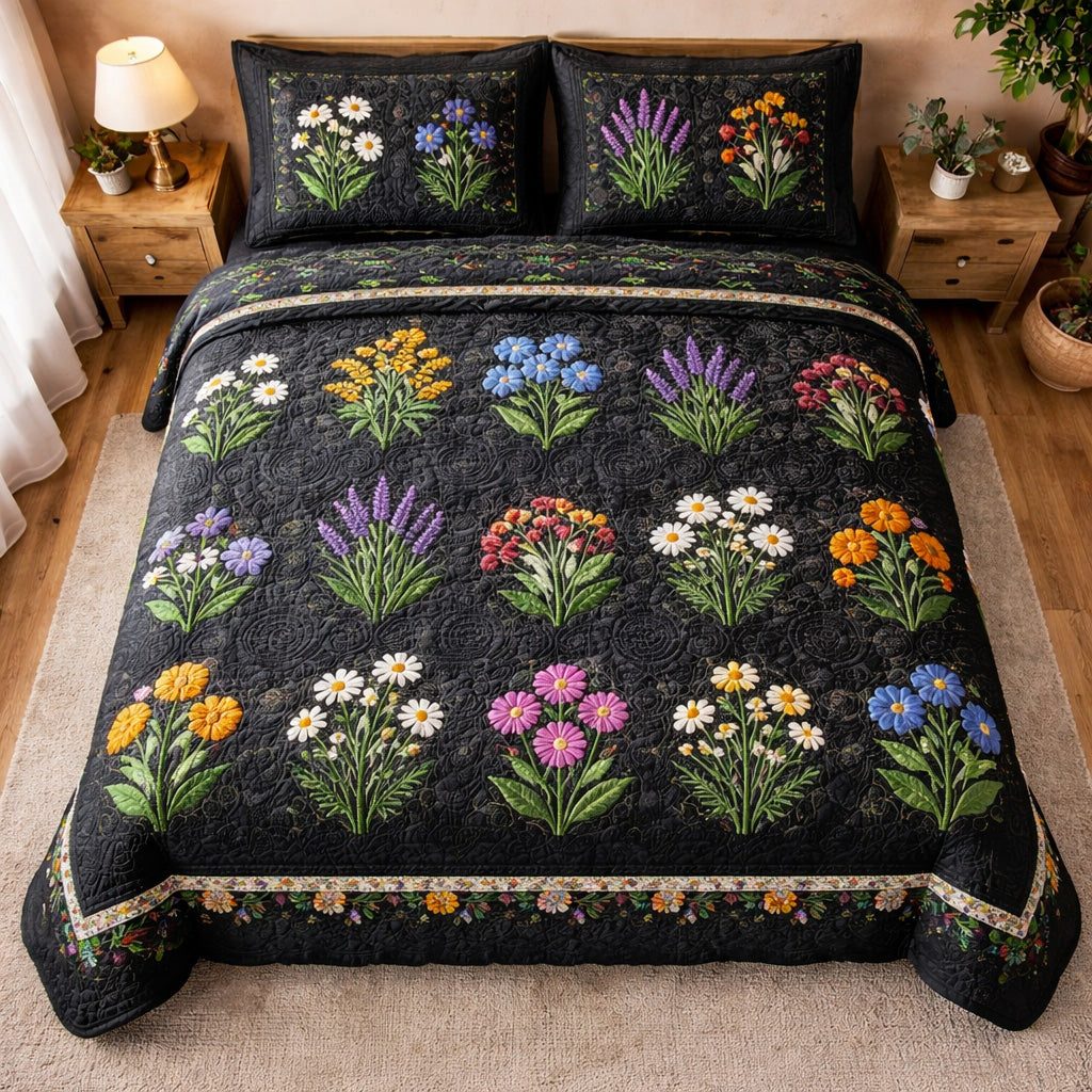 Wildflower Night quilted 3-piece bedding set on a made bed with two matching pillow shams
