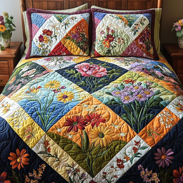 Wildflower Patch quilted 3-piece bedding set on a made bed with two matching pillow shams